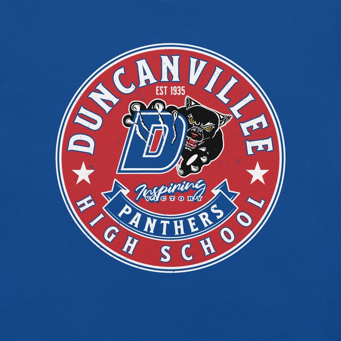 Close-up view of Duncanville High School Panthers Royal Blue Premium Unisex T-shirt 215