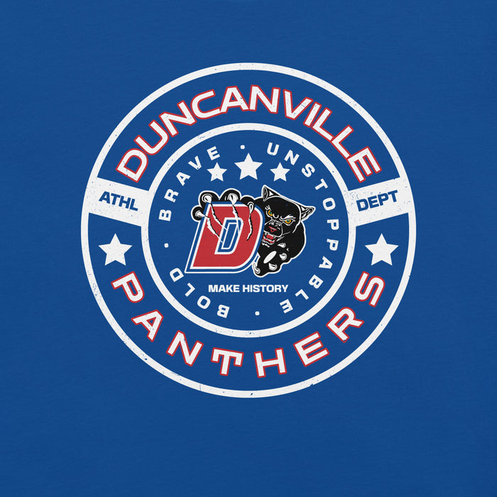 Close-up view of Duncanville High School Panthers Royal Blue Premium Unisex T-shirt 239
