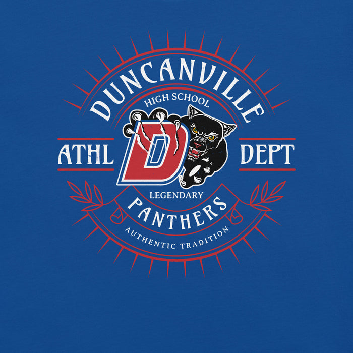 Close-up view of Duncanville High School Panthers Royal Blue Premium Unisex T-shirt 201