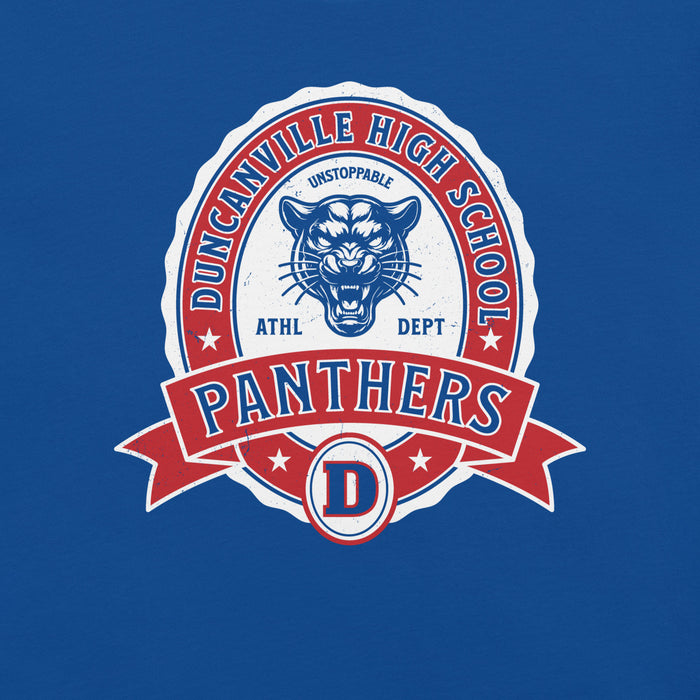 Close-up view of Duncanville High School Panthers Royal Blue Premium Unisex T-shirt 212