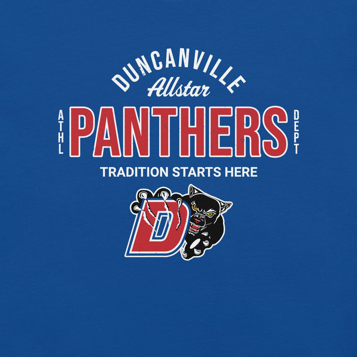 Close-up view of Duncanville High School Panthers Royal Blue Premium Unisex T-shirt 040