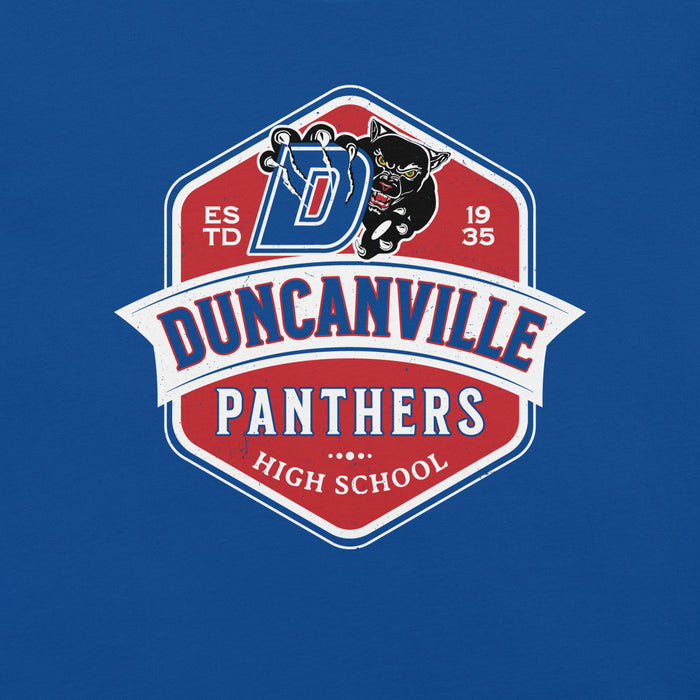 Close-up view of Duncanville High School Panthers Royal Blue Premium Unisex T-shirt 209