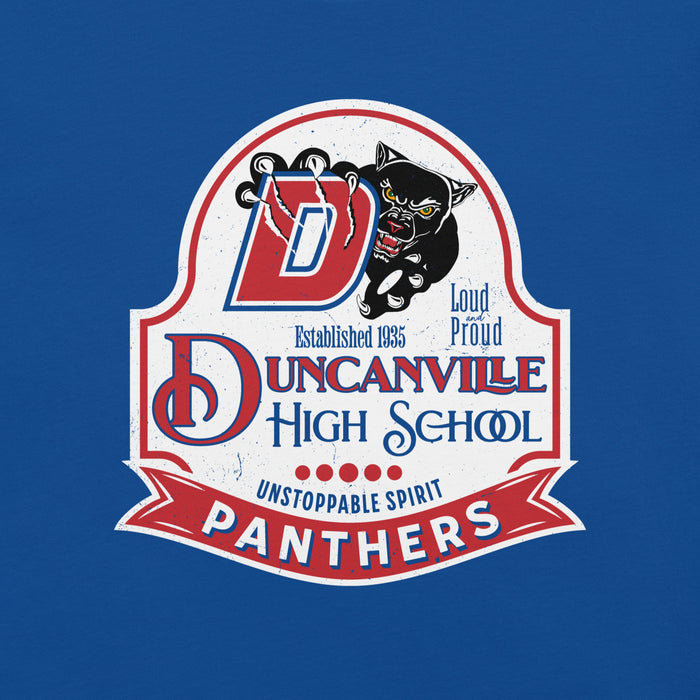 Close-up view of Duncanville High School Panthers Royal Blue Premium Unisex T-shirt 219