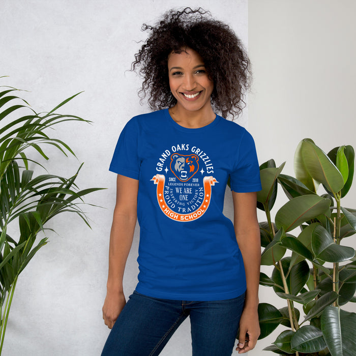 Woman wearing Grand Oaks High School Grizzlies Premium Royal Blue Unisex T-shirt 229
