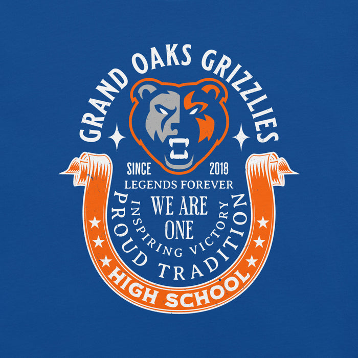 Close-up view of Grand Oaks High School Grizzlies Premium Royal Blue Unisex T-shirt 229