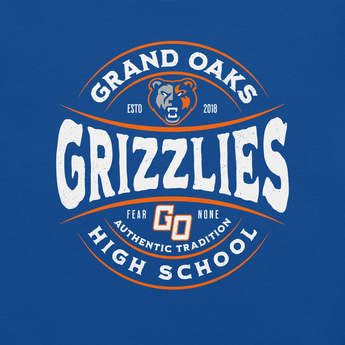 Close-up view of Grand Oaks High School Grizzlies Premium Royal Blue Unisex T-shirt 218