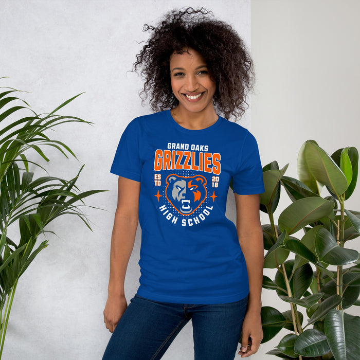 Woman wearing Grand Oaks High School Grizzlies Premium Royal Blue Unisex T-shirt 204