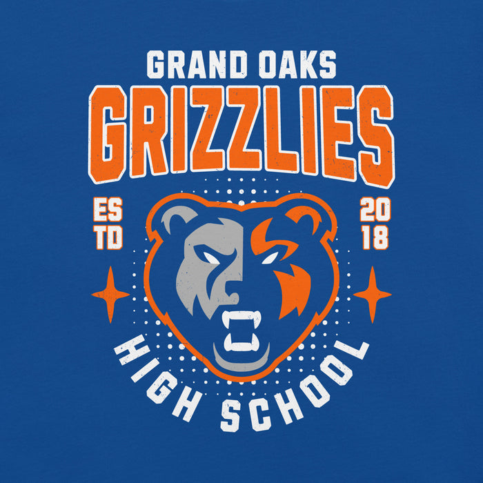 Close-up view of Grand Oaks High School Grizzlies Premium Royal Blue Unisex T-shirt 204