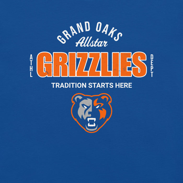 Close-up view of Grand Oaks High School Grizzlies Premium Royal Blue Unisex T-shirt 040
