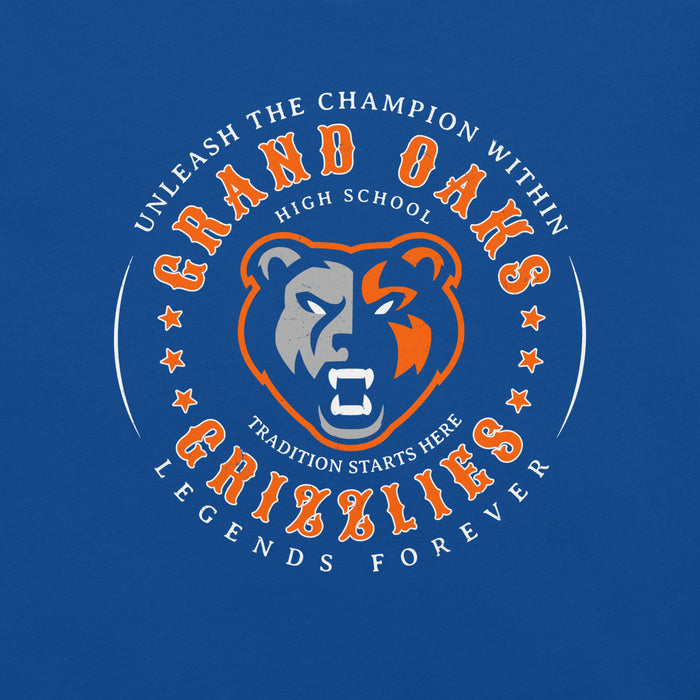 Close-up view of Grand Oaks High School Grizzlies Premium Royal Blue Unisex T-shirt 214