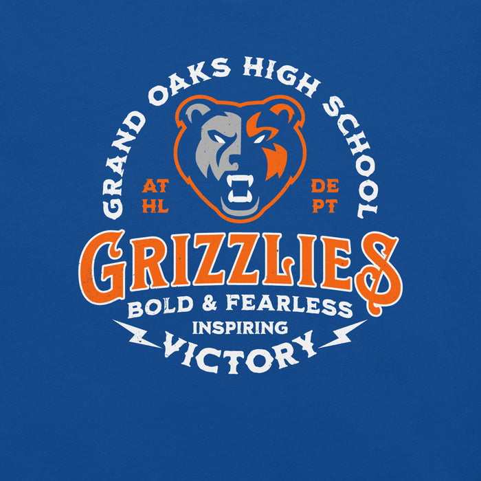 Close-up view of Grand Oaks High School Grizzlies Premium Royal Blue Unisex T-shirt 206