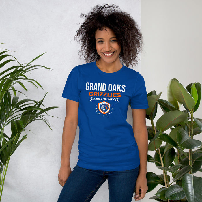 Woman wearing Grand Oaks High School Grizzlies Premium Royal Blue Unisex T-shirt 003