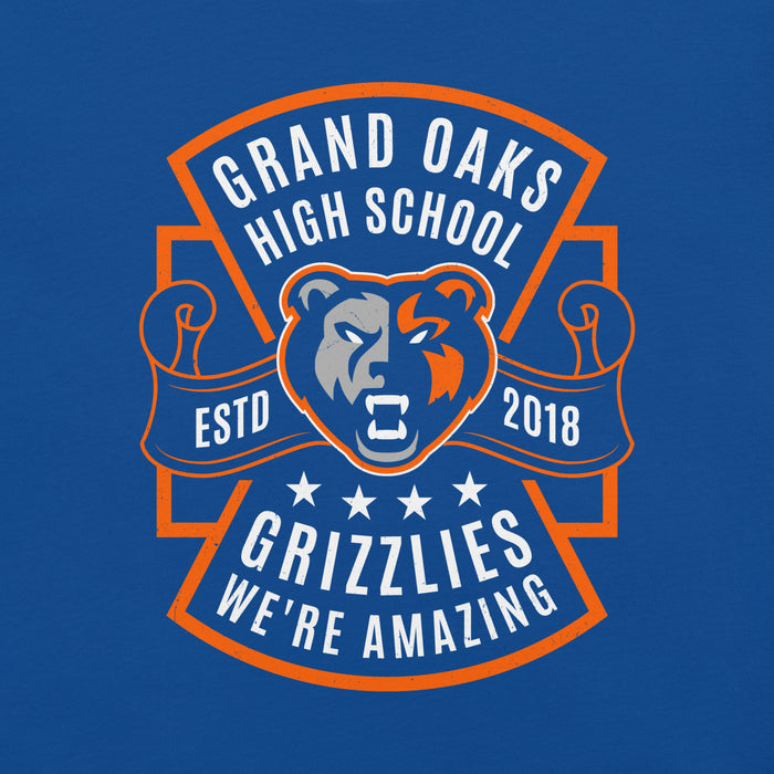 Close-up view of Grand Oaks High School Grizzlies Premium Royal Blue Unisex T-shirt 207