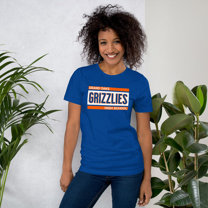Woman wearing Grand Oaks High School Grizzlies Premium Royal Blue Unisex T-shirt 098