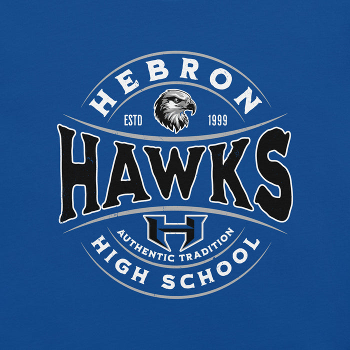 Close-up view of Hebron High School Hawks Royal Blue Premium Unisex T-shirt 218