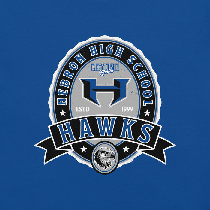 Close-up view of Hebron High School Hawks Royal Blue Premium Unisex T-shirt 212