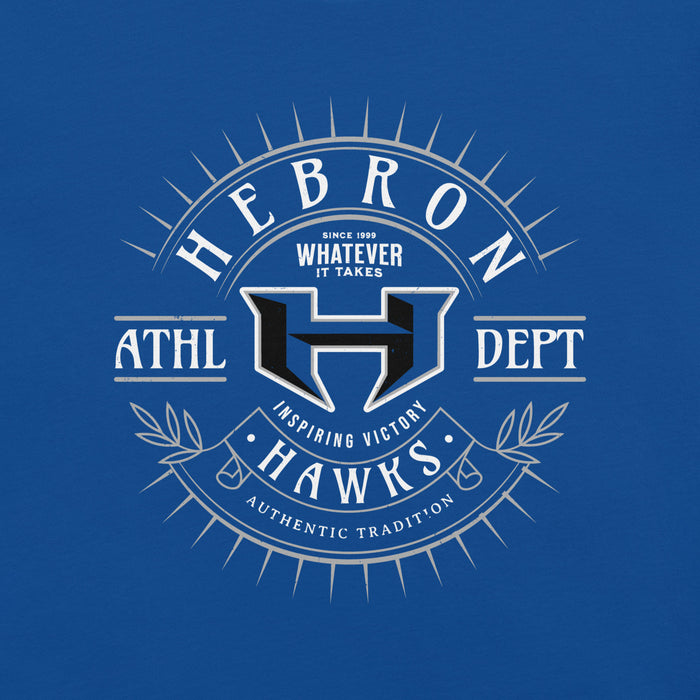 Close-up view of Hebron High School Hawks Royal Blue Premium Unisex T-shirt 201