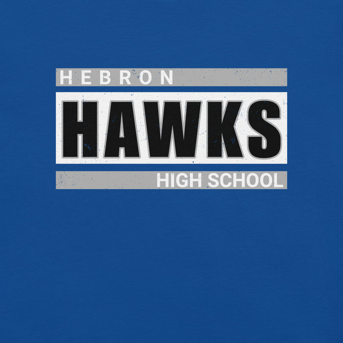 Close-up view of Hebron High School Hawks Royal Blue Premium Unisex T-shirt 098