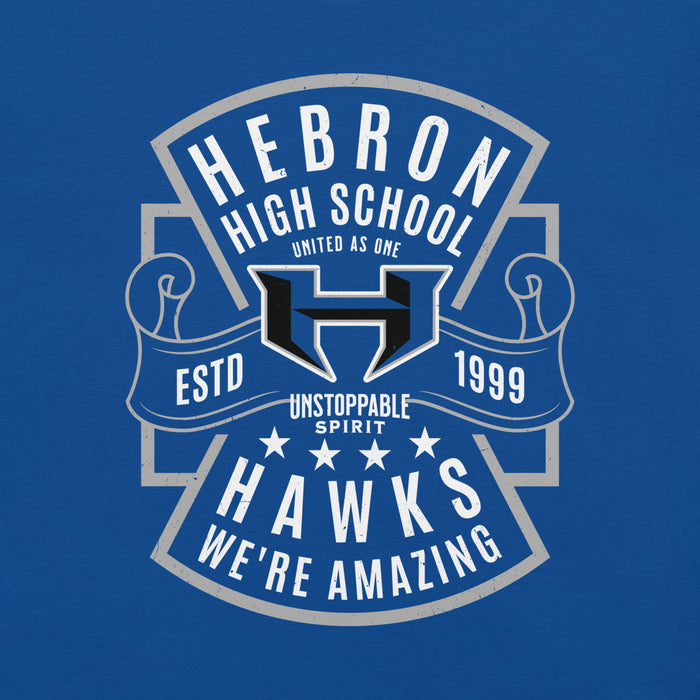 Close-up view of Hebron High School Hawks Royal Blue Premium Unisex T-shirt 207