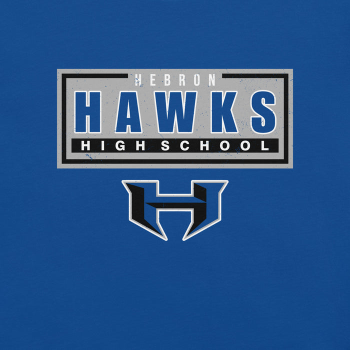 Close-up view of Hebron High School Hawks Royal Blue Premium Unisex T-shirt 049