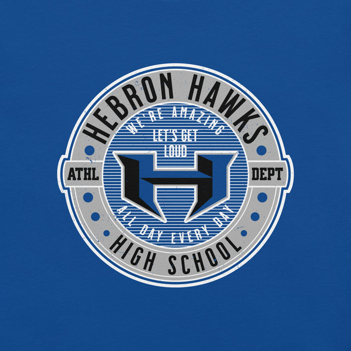Close-up view of Hebron High School Hawks Royal Blue Premium Unisex T-shirt 224