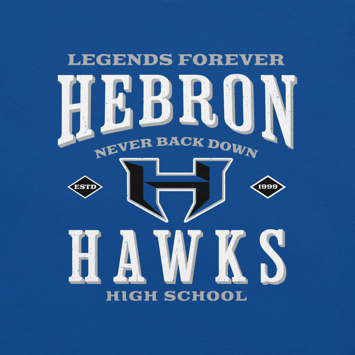 Close-up view of Hebron High School Hawks Royal Blue Premium Unisex T-shirt 230