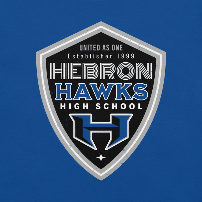 Close-up view of Hebron High School Hawks Royal Blue Premium Unisex T-shirt 239