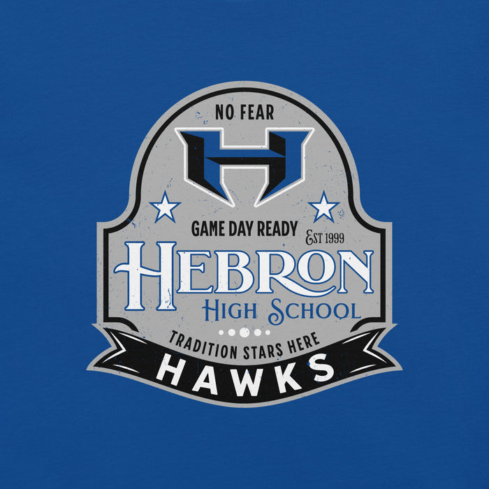 Close-up view of Hebron High School Hawks Royal Blue Premium Unisex T-shirt 219