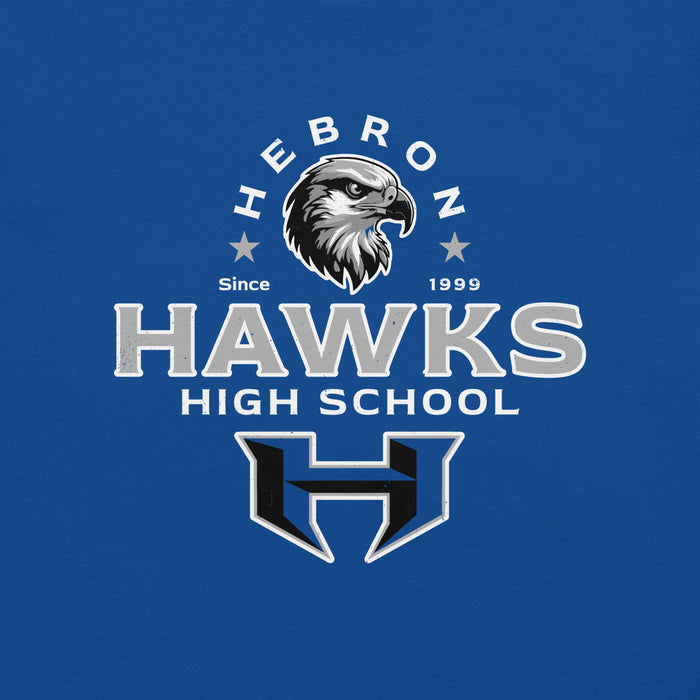 Close-up view of Hebron High School Hawks Royal Blue Premium Unisex T-shirt 222
