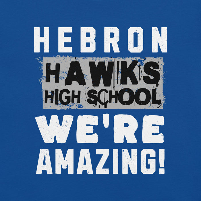 Close-up view of Hebron High School Hawks Royal Blue Premium Unisex T-shirt 231