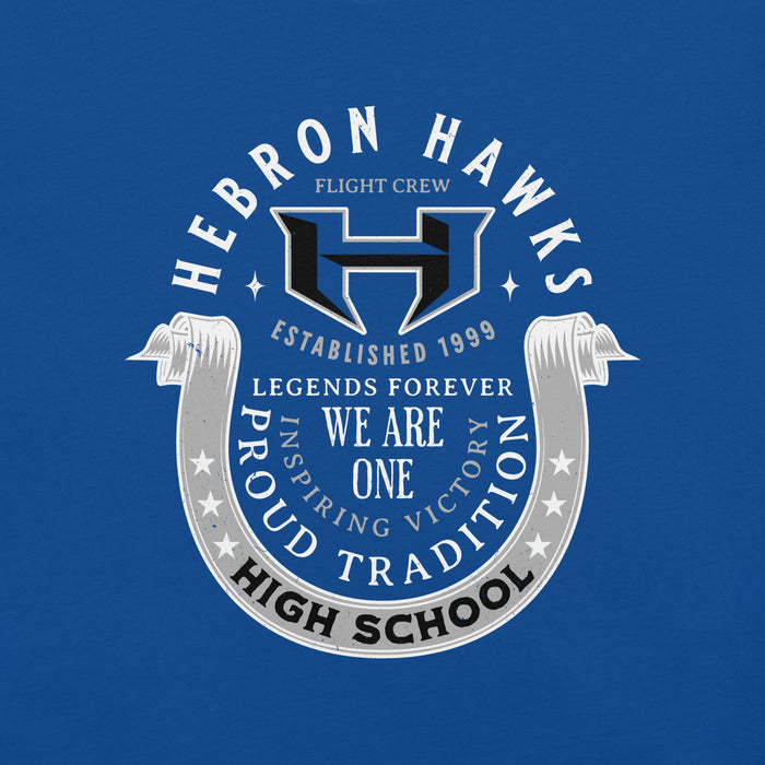 Close-up view of Hebron High School Hawks Royal Blue Premium Unisex T-shirt 229