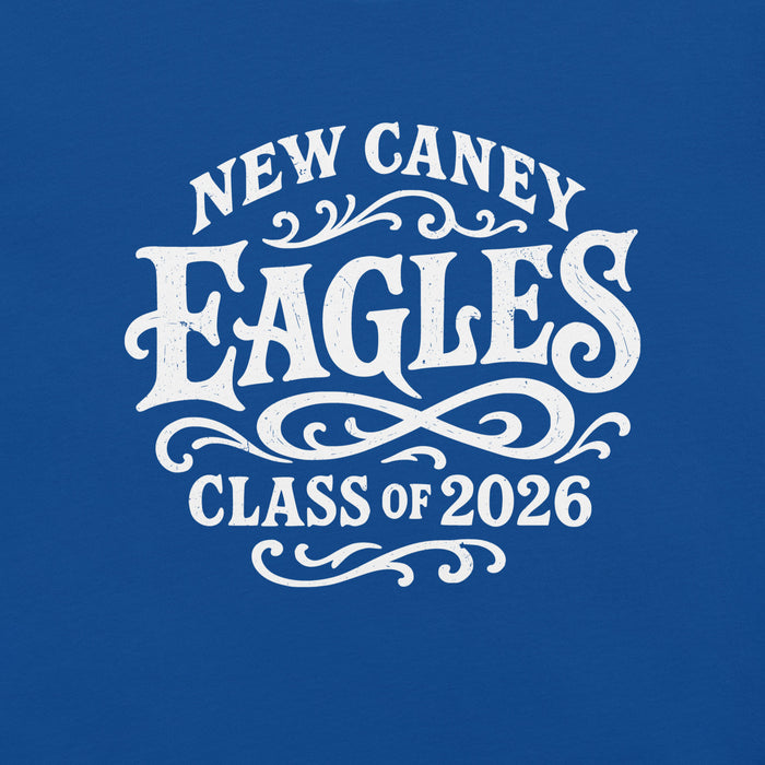 Close-up view of New Caney High School Eagles Royal Blue Premium Unisex T-shirt 255