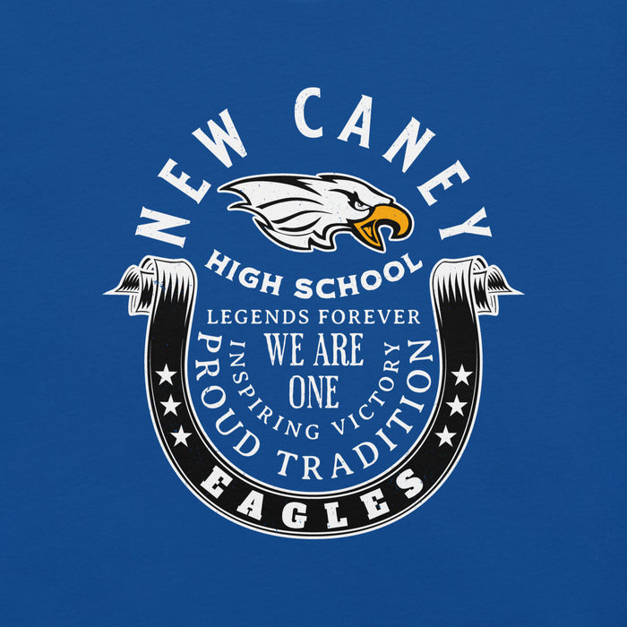 Close-up view of New Caney High School Eagles Royal Blue Premium Unisex T-shirt 229