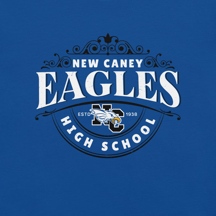 Close-up view of New Caney High School Eagles Royal Blue Premium Unisex T-shirt 211