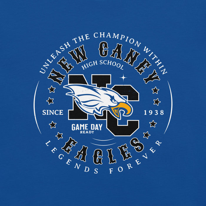 Close-up view of New Caney High School Eagles Royal Blue Premium Unisex T-shirt 214