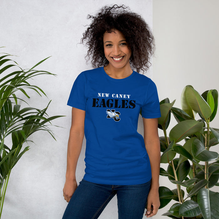 Woman wearing New Caney High School Eagles Royal Blue Premium Unisex T-shirt 017