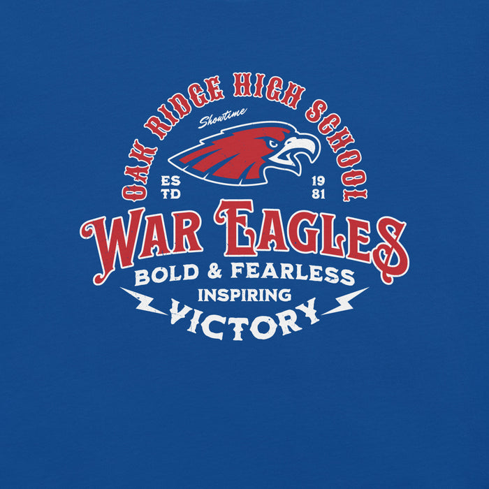 Close-up view of Oak Ridge High School War Eagles Royal Blue Premium Unisex T-shirt 206