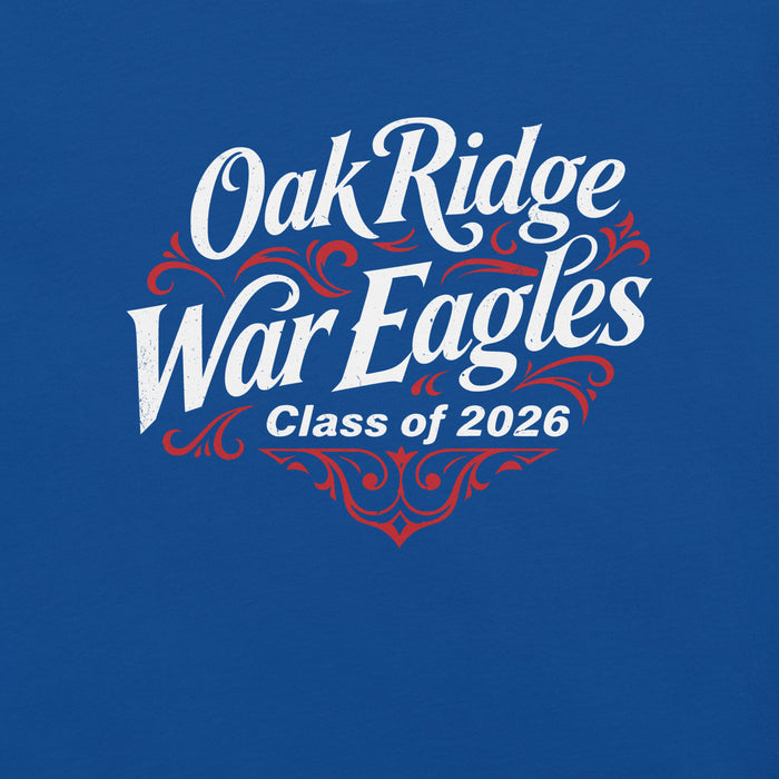Close-up view of Oak Ridge High School War Eagles Royal Blue Premium Unisex T-shirt 255