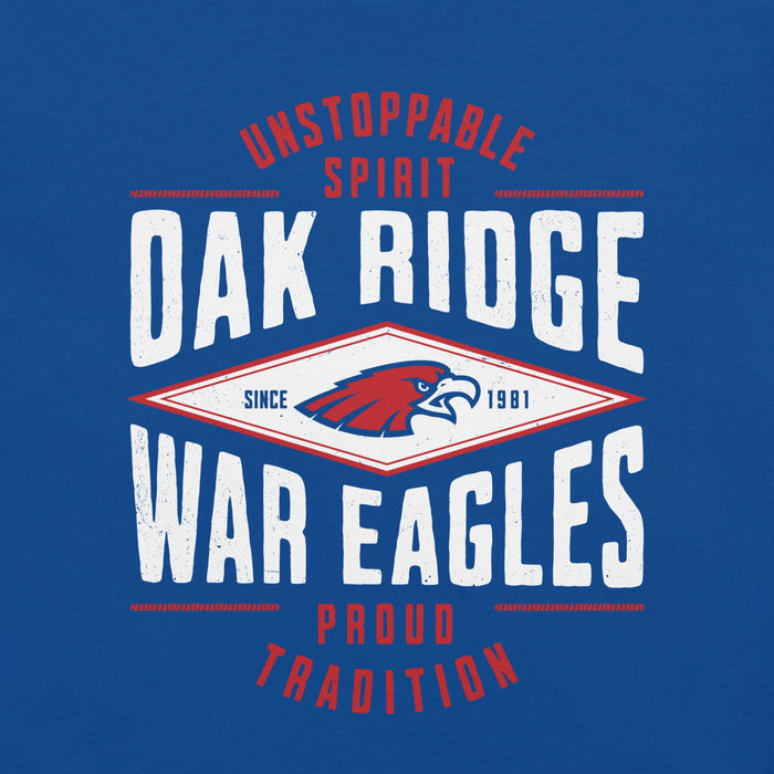 Close-up view of Oak Ridge High School War Eagles Royal Blue Premium Unisex T-shirt 210