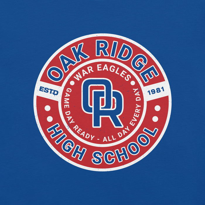 Close-up view of Oak Ridge High School War Eagles Royal Blue Premium Unisex T-shirt 239