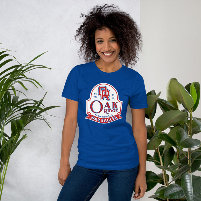Woman wearing Oak Ridge High School War Eagles Royal Blue Premium Unisex T-shirt 219