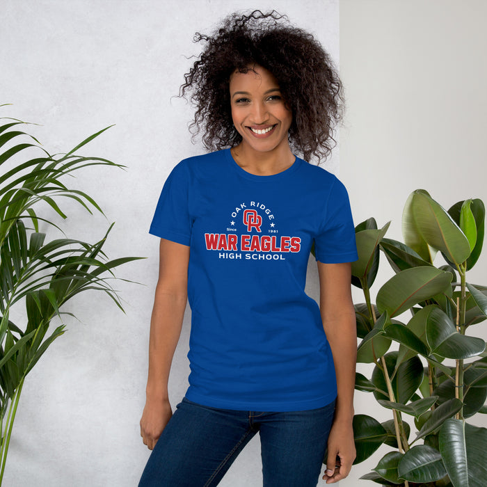 Woman wearing Oak Ridge High School War Eagles Royal Blue Premium Unisex T-shirt 222