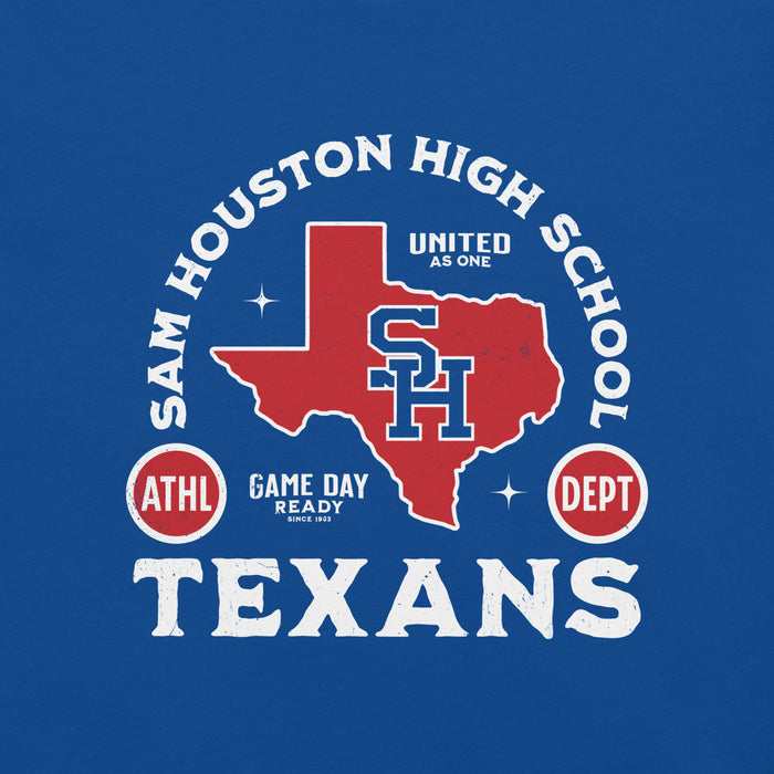 Close-up view of Sam Houston High School Texans Royal Blue Premium Unisex T-shirt 208