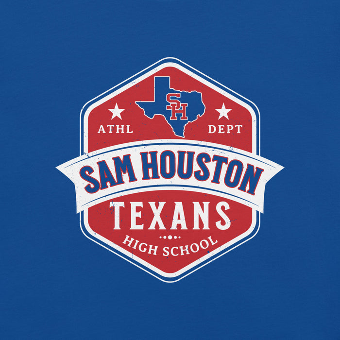 Close-up view of Sam Houston High School Texans Royal Blue Premium Unisex T-shirt 209