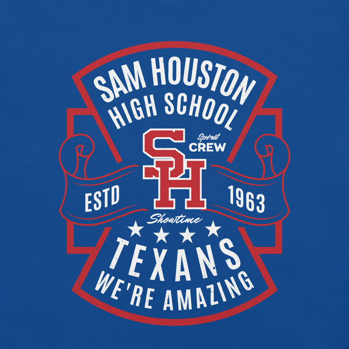 Close-up view of Sam Houston High School Texans Royal Blue Premium Unisex T-shirt 207