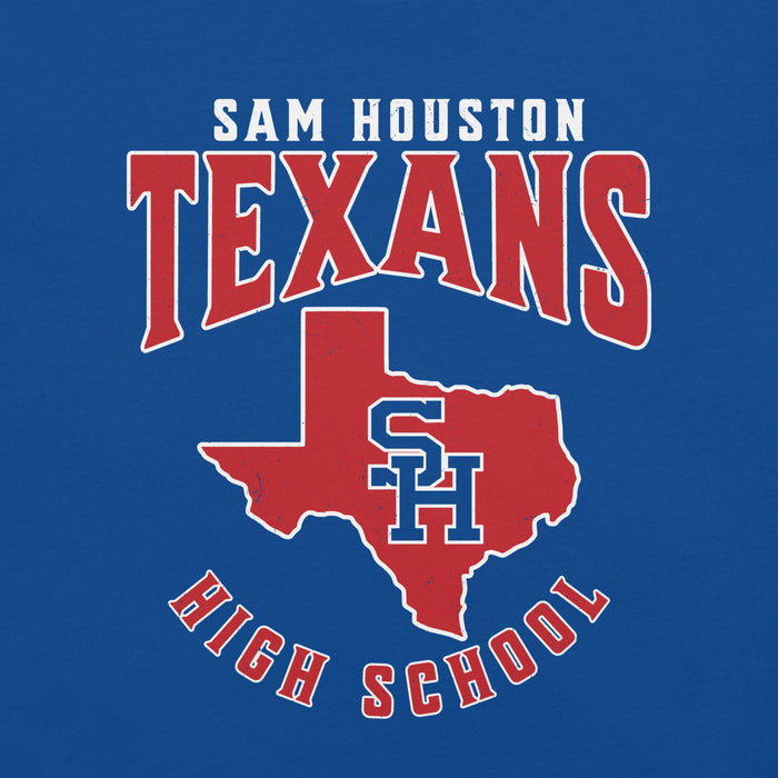 Close-up view of Sam Houston High School Texans Royal Blue Premium Unisex T-shirt 213