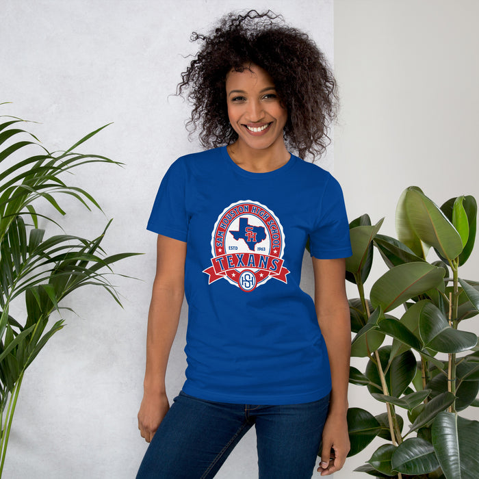 Woman wearing Sam Houston High School Texans Royal Blue Premium Unisex T-shirt 212
