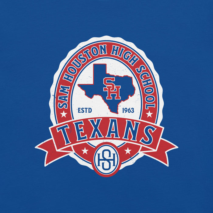 Close-up view of Sam Houston High School Texans Royal Blue Premium Unisex T-shirt 212