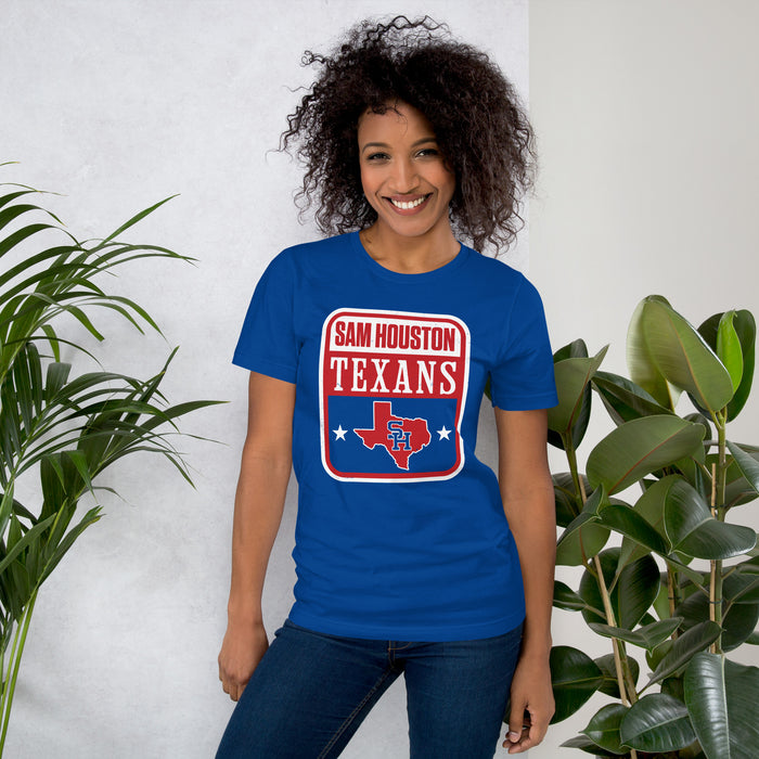 Woman wearing Sam Houston High School Texans Royal Blue Premium Unisex T-shirt 001