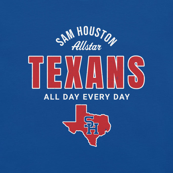Close-up view of Sam Houston High School Texans Royal Blue Premium Unisex T-shirt 040